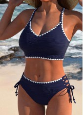 Lace Up Contrast Binding Navy Bikini Set