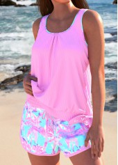 Tropical Plants Print Bowknot Pink Tankini Set