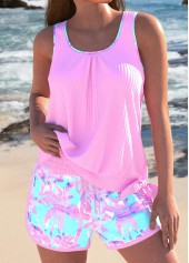 Tropical Plants Print Bowknot Pink Tankini Set