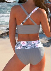 Floral Print Asymmetry Grey Bikini Set