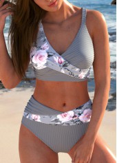 Floral Print Asymmetry Grey Bikini Set