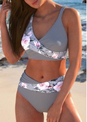 Floral Print Asymmetry Grey Bikini Set