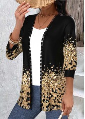 Leopard Patchwork Black 3/4 Sleeve Round Neck Light Cardigan