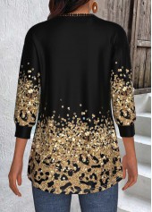 Leopard Patchwork Black 3/4 Sleeve Round Neck Light Cardigan