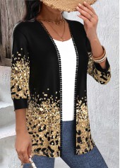 Leopard Patchwork Black 3/4 Sleeve Round Neck Light Cardigan