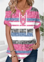 Striped Patchwork Pink Short Sleeve Split Neck T Shirt