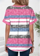 Striped Patchwork Pink Short Sleeve Split Neck T Shirt