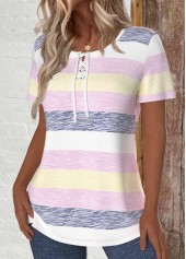 Striped Lace Up Multi Color Short Sleeve T Shirt