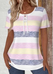 Striped Lace Up Multi Color Short Sleeve T Shirt