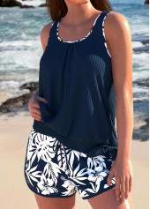 Floral Print Bowknot Navy Tankini Set