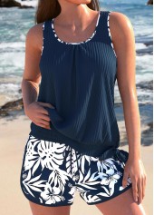 Floral Print Bowknot Navy Tankini Set