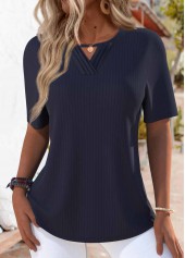 Tuck Stitch Navy Short Sleeve Round Neck T Shirt