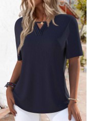 Tuck Stitch Navy Short Sleeve Round Neck T Shirt