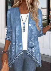 Floral Print Patchwork Denim Blue Long Sleeve Light Cardigan