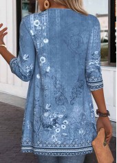 Floral Print Patchwork Denim Blue Long Sleeve Light Cardigan
