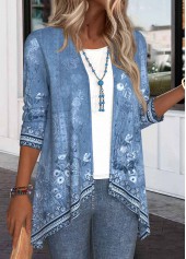 Floral Print Patchwork Denim Blue Long Sleeve Light Cardigan