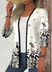 Floral Print Patchwork Black 3/4 Sleeve Light Cardigan