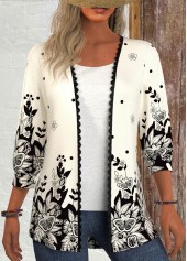 Floral Print Patchwork Black 3/4 Sleeve Light Cardigan
