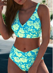 Floral Print Criss Cross Mint Green Bikini Set