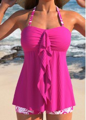 Tropical Plants Print Ruffle Hot Pink Tankini Set
