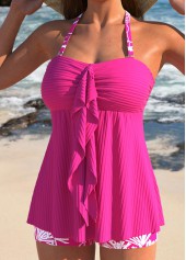 Tropical Plants Print Ruffle Hot Pink Tankini Set