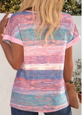 Striped Patchwork Pink Short Sleeve Round Neck T Shirt