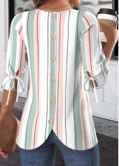White Plus Size Button Striped Half Sleeve Blouse