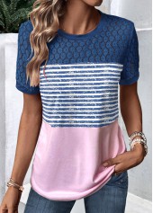 Striped Lace Peacock Blue Short Sleeve T Shirt