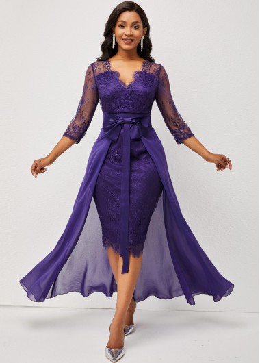 3/4 Sleeve Purple Multiway Lace Patchwork Dress | Rosewe.com - USD $18.98