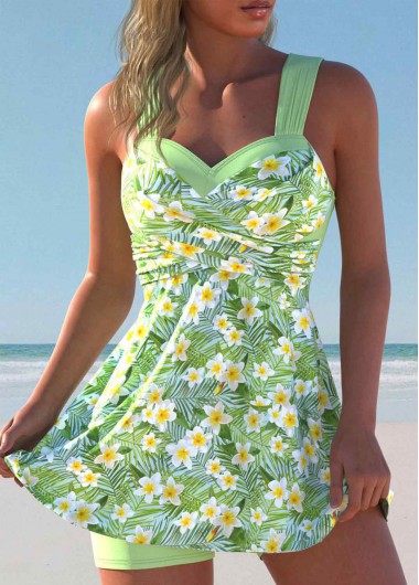 Floral Print Surplice Light Green Swimdress and Shorts