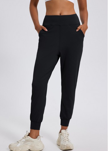 Pocket Black Elastic Waist High Waisted Jogger Pants