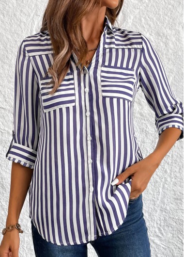 Striped Button Navy 3/4 Sleeve Shirt