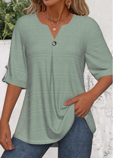 Button Green 3/4 Sleeve Split Neck Blouse