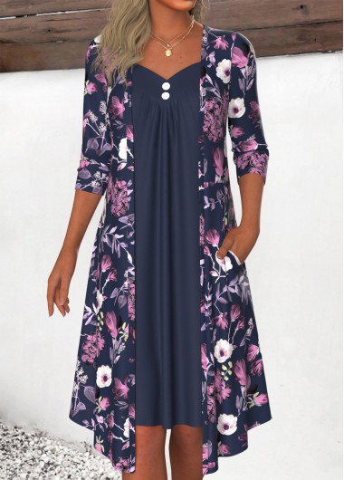 Floral Print Fake 2in1 Navy A Line Dress