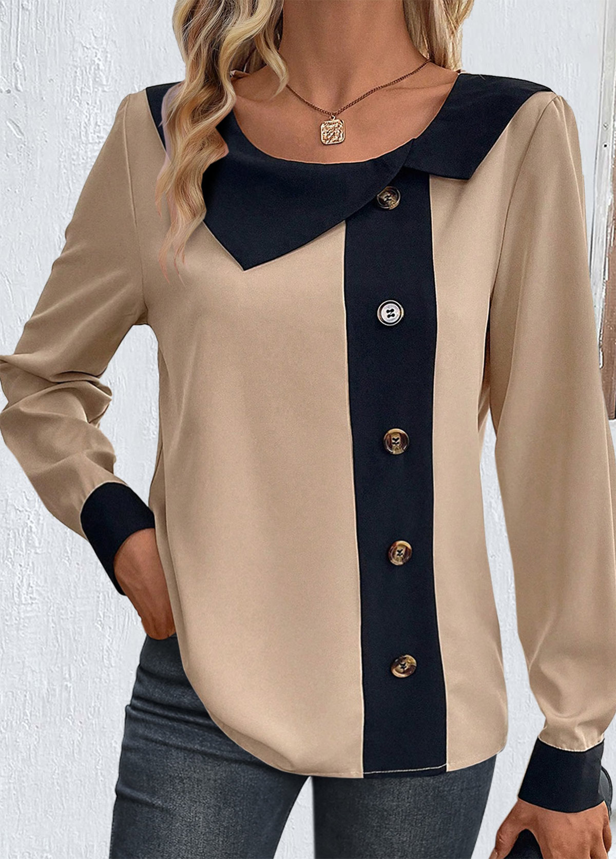 Patchwork Light Camel Long Sleeve Asymmetrical Neck Blouse