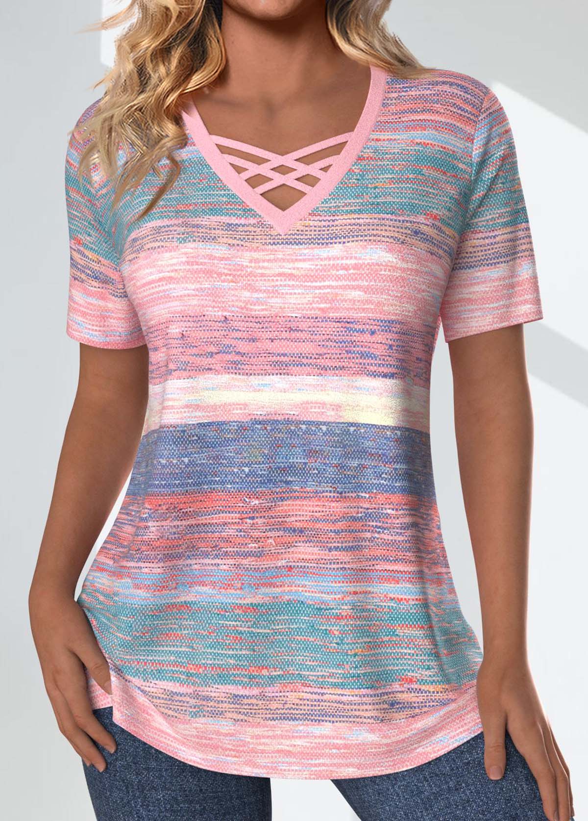 Striped Criss Cross Pink Short Sleeve T Shirt