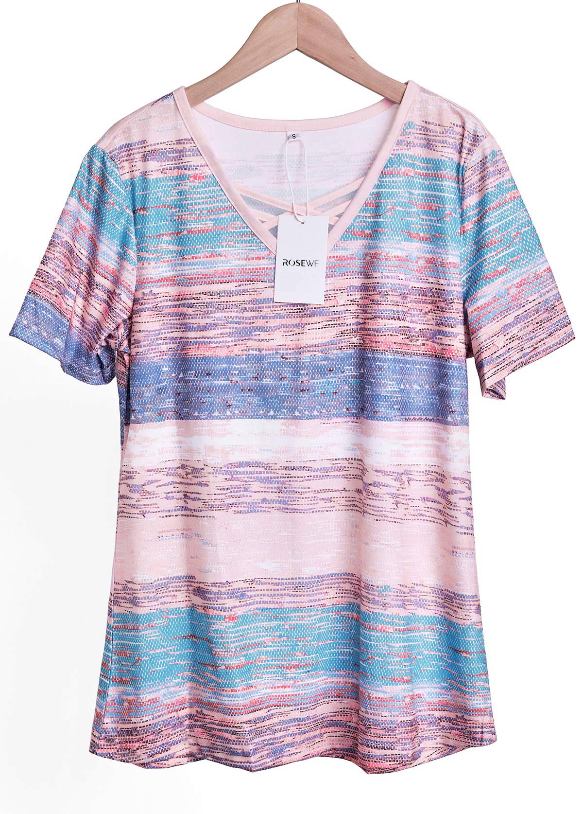 Striped Criss Cross Pink Short Sleeve T Shirt