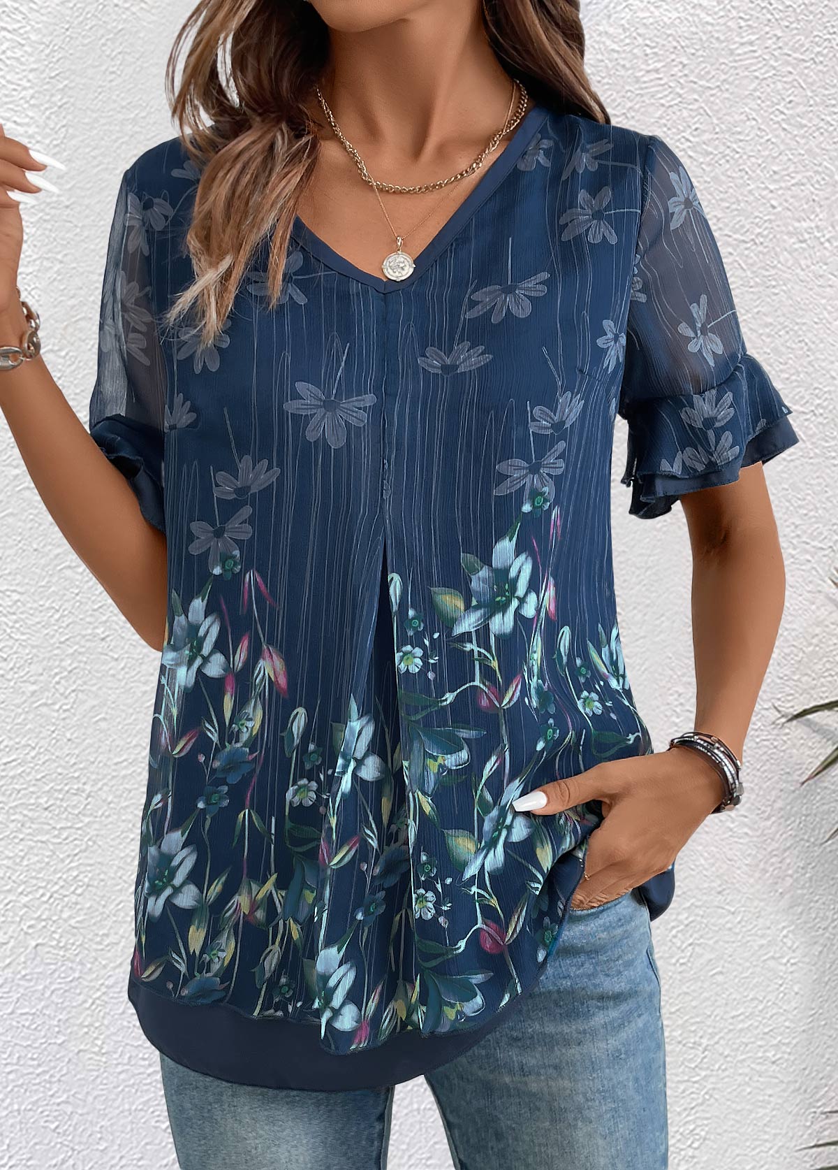 Floral Print Layered Navy Short Sleeve V Neck Blouse