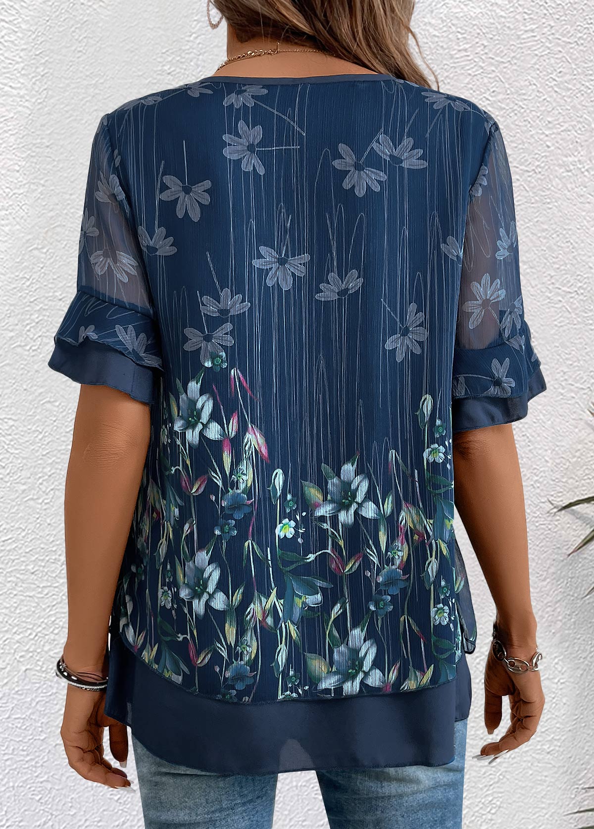 Floral Print Layered Navy Short Sleeve V Neck Blouse