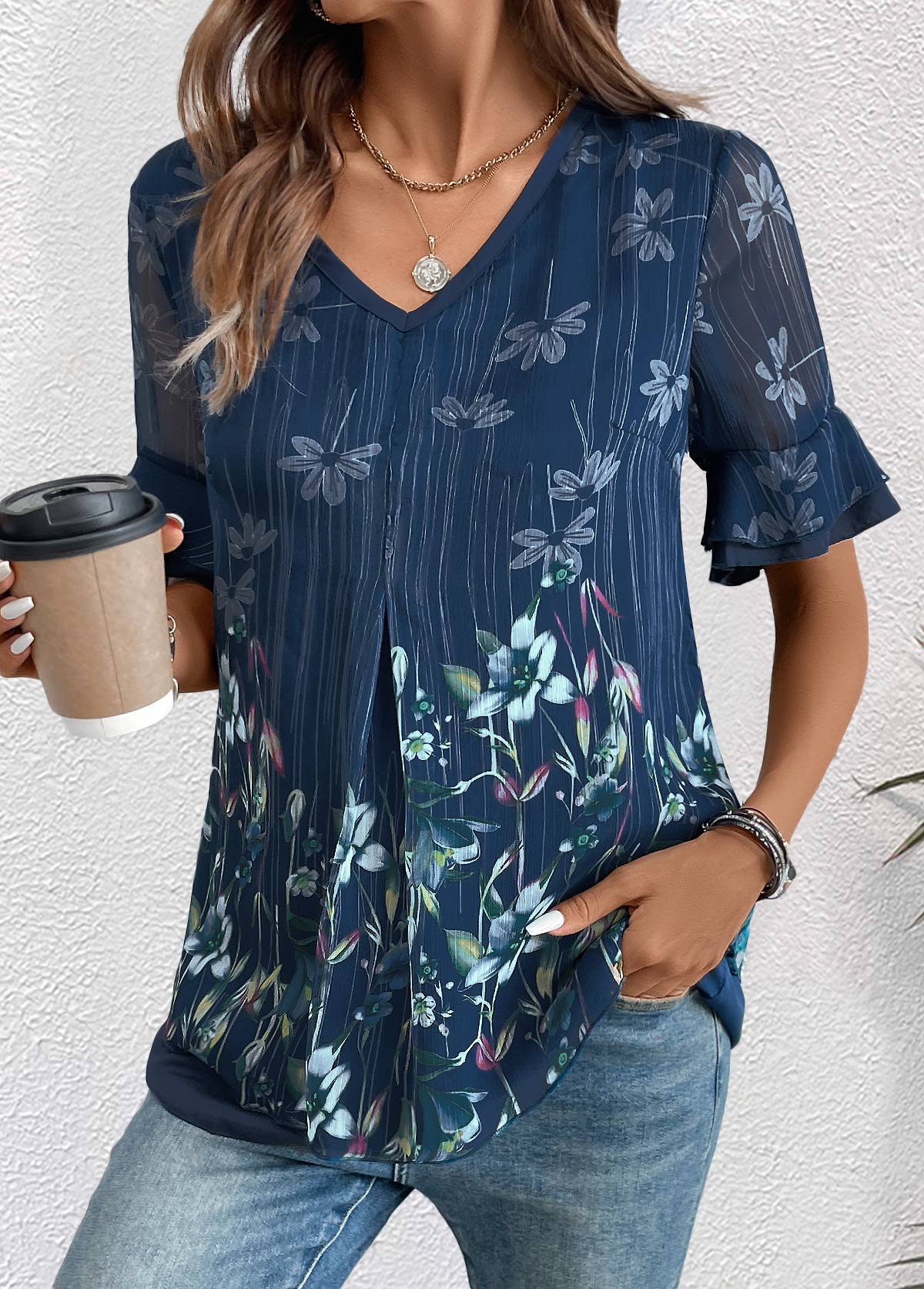 Floral Print Layered Navy Short Sleeve V Neck Blouse