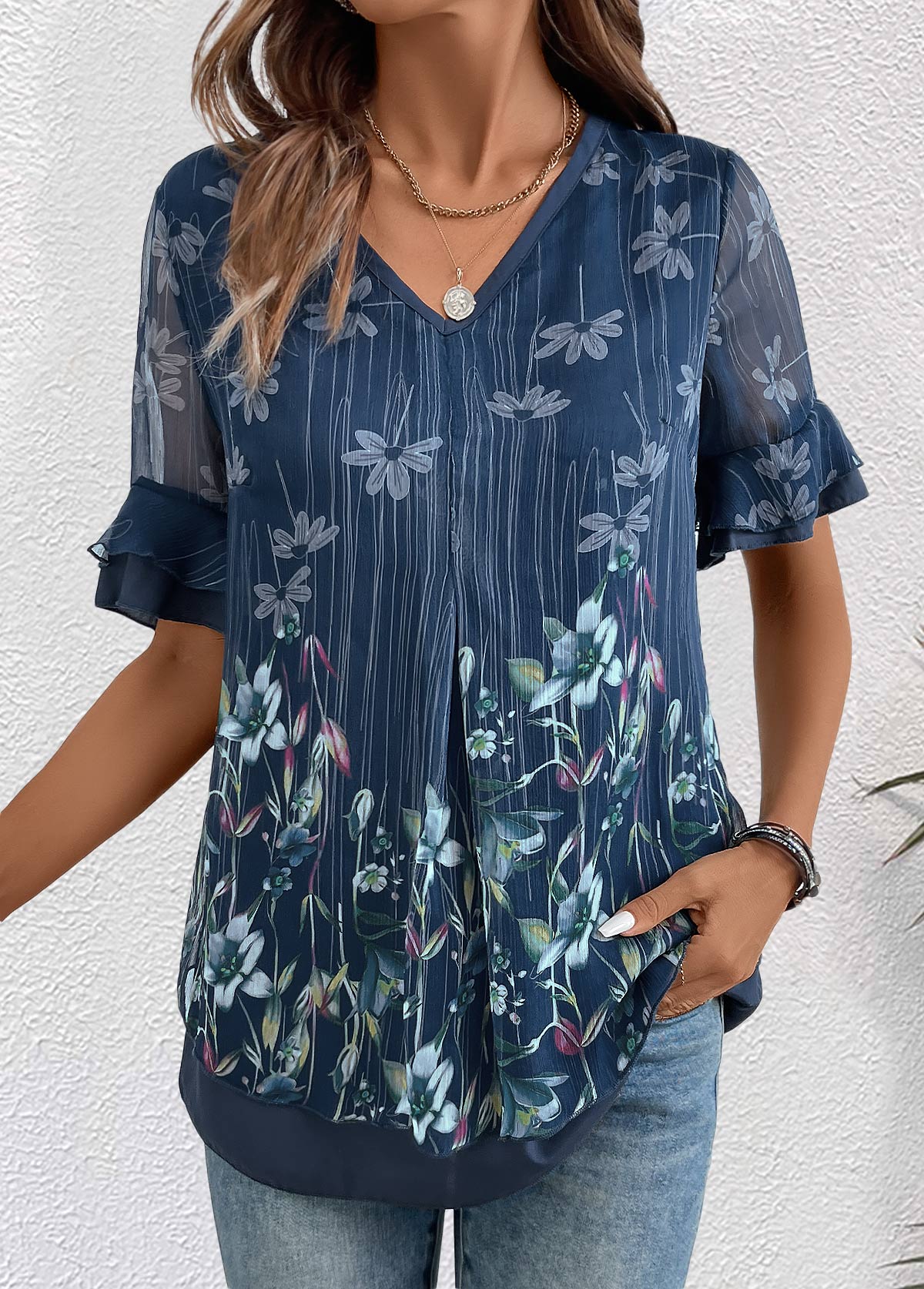 Floral Print Layered Navy Short Sleeve V Neck Blouse