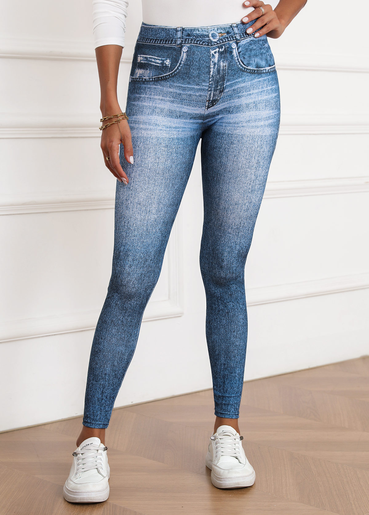 Denim-effect Print Denim Blue Elastic Waist Skinny Pants