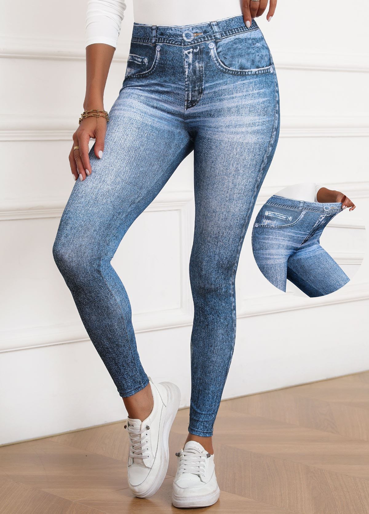 Denim-effect Print Denim Blue Elastic Waist Skinny Pants