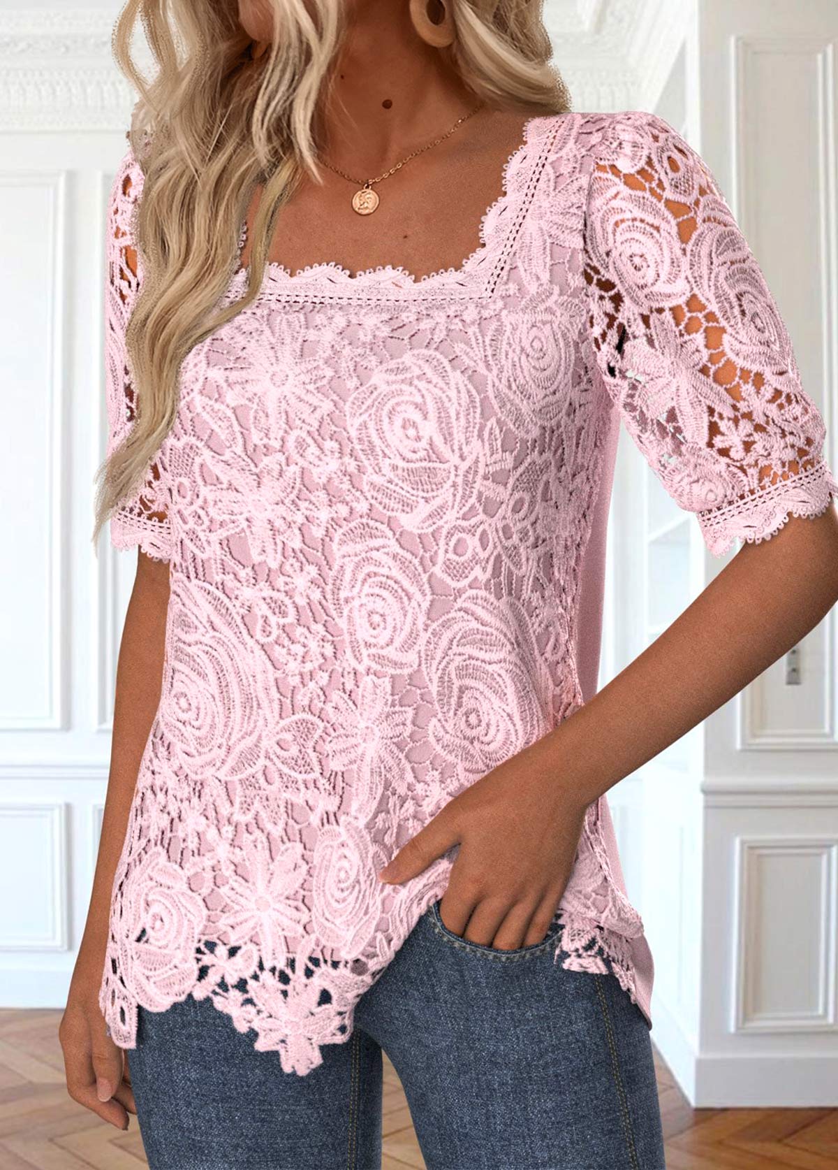 Lace Pink Half Sleeve Square Neck Blouse