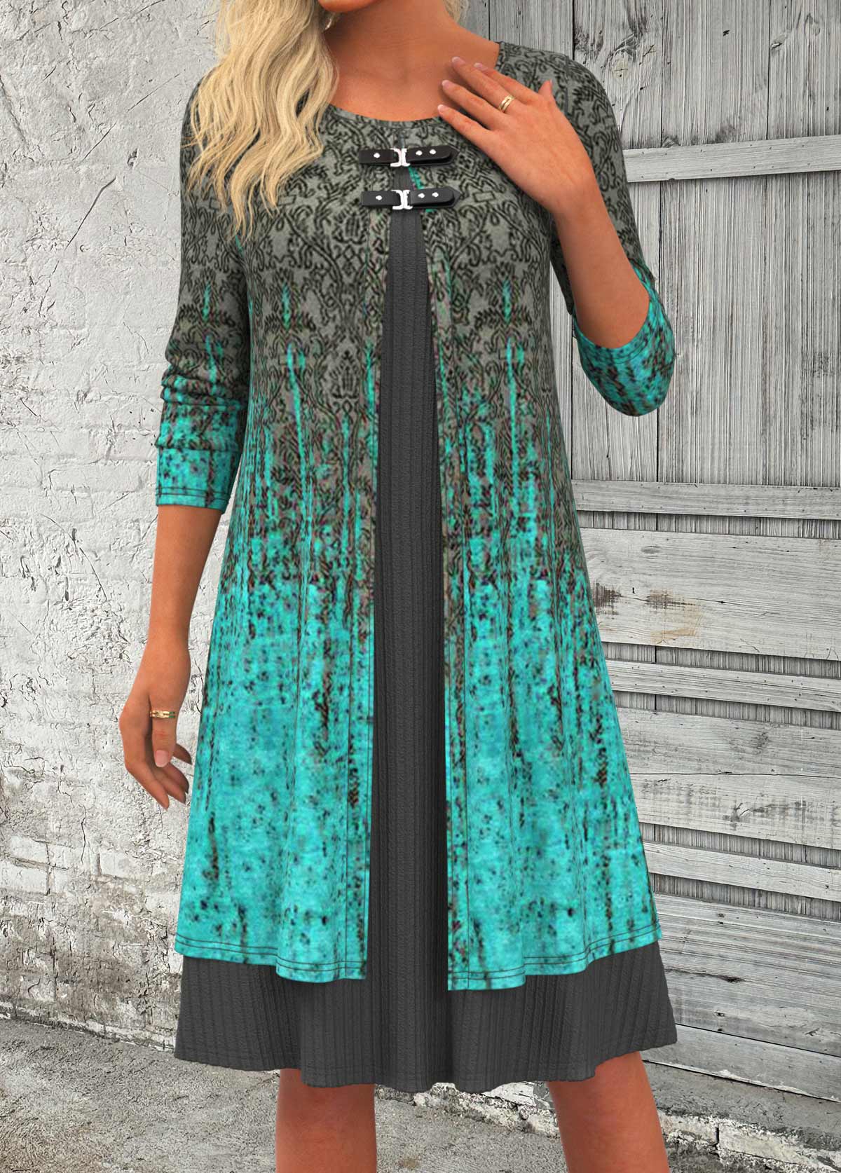 Ombre Patchwork Cyan A Line 3/4 Sleeve Dress USD 45.98