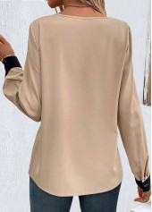 Patchwork Light Camel Long Sleeve Asymmetrical Neck Blouse
