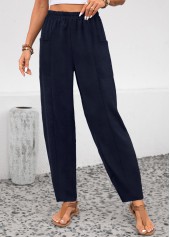 Navy Elastic Waist Pocket High Waisted Pants
