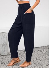 Navy Elastic Waist Pocket High Waisted Pants