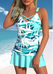 Mid Waisted Tropical Plants Print Criss Cross Tankini Set