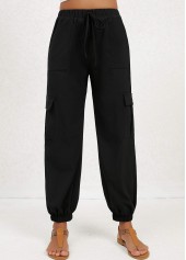 Jogger Double Side Pockets Black Elastic Waist Pants